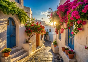 Fototapeta premium Narrow alleyway, whitewashed houses, Pyrgos Santorini, Greece. Sun-drenched Cycladic architecture, charming village.