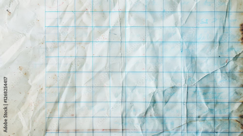 Poster crumpled paper with blue grid lines, showing texture and age. ideal for backgrounds or artistic proj