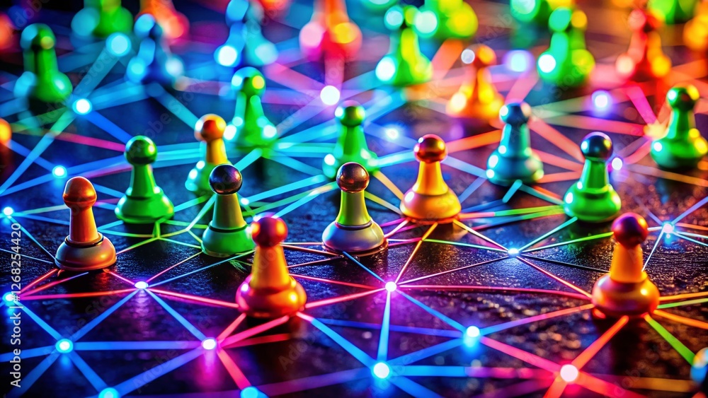 Poster neon game pieces network: vibrant macro photography of interconnected game elements