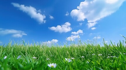 Lush green field extends toward a vibrant blue cloudy sky