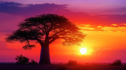 Majestic Baobab Tree Silhouetted Against Vibrant Sunset Sky