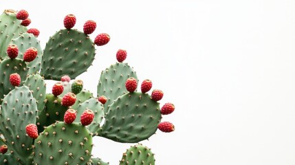 Vibrant Prickly Pear Cactus with Bright Red Fruits against White Background