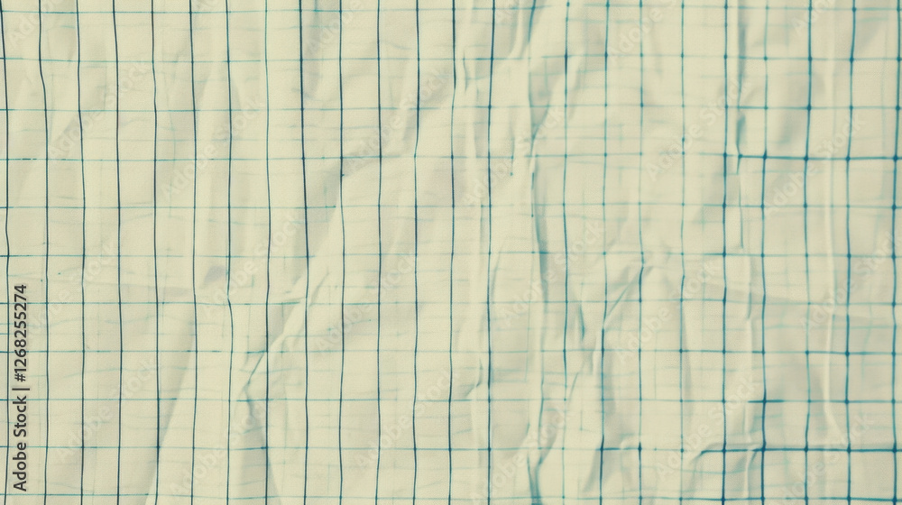 Poster wrinkled grid paper background with blue lines, ideal for notes and sketches. texture adds depth, ma