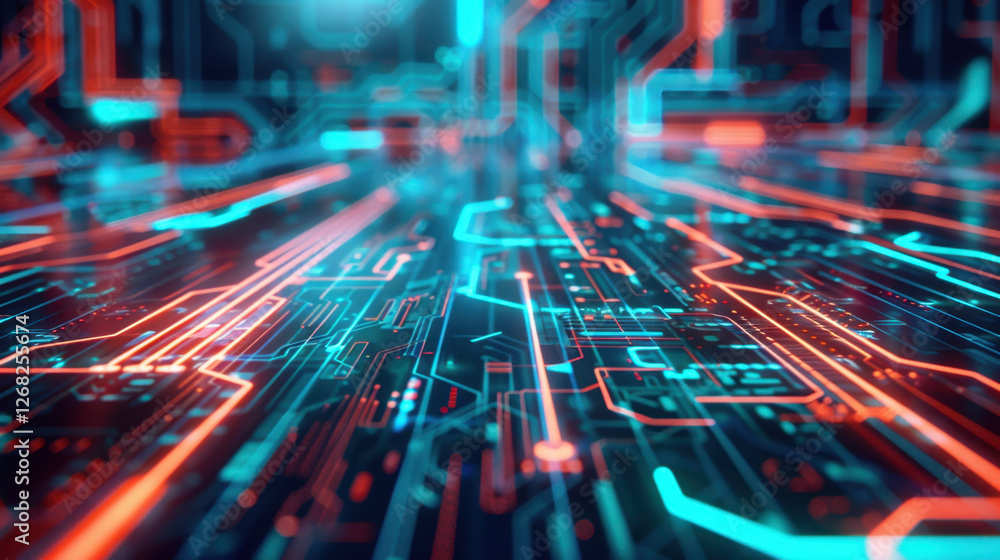 Poster futuristic digital circuit board with glowing lines and patterns, showcasing technology and innovati