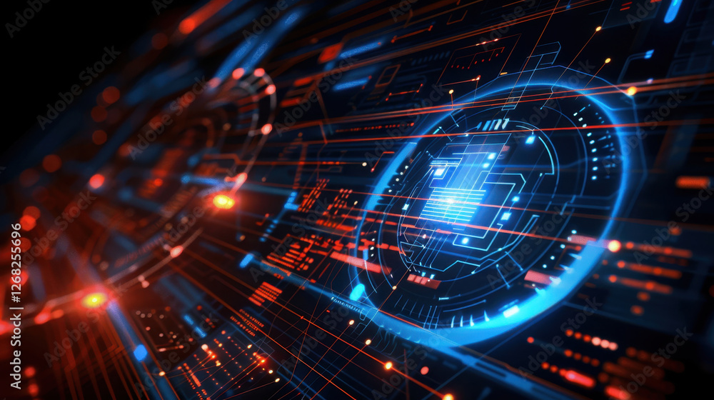 Poster futuristic digital technology background with glowing lines and circuits