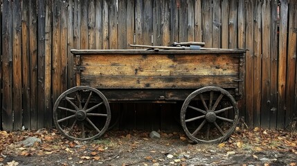 Obraz premium Old wooden cart with tools by fence in autumn