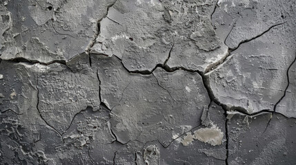 Cracked gray wall texture with rough surface and peeling paint, showcasing weathered details and imperfections