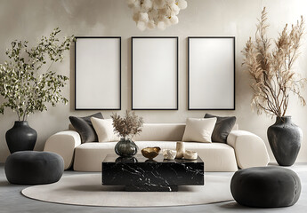 Modern interior design featuring stylish sofa, three blank poster frames, and elegant decor elements