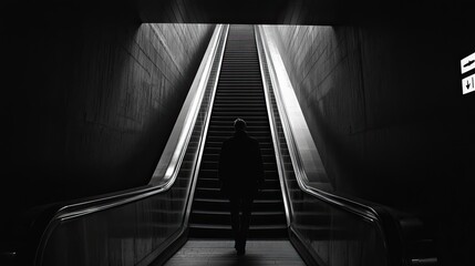 A lone figure ascends an escalator in a dark, concrete hallway.