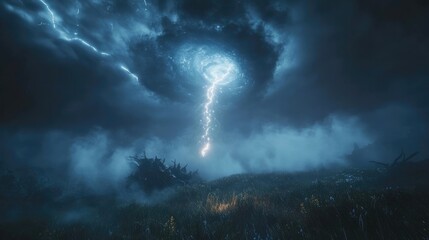 Mysterious Electric Storm Over a Field at Night with Sparkling Energy and Dramatic Lightning Strikes in a Dark Sky