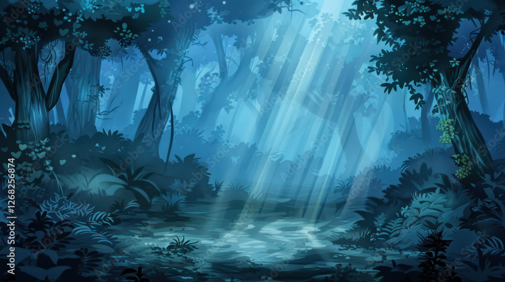 Poster serene forest scene with soft light rays filtering through trees, creating tranquil atmosphere. lush