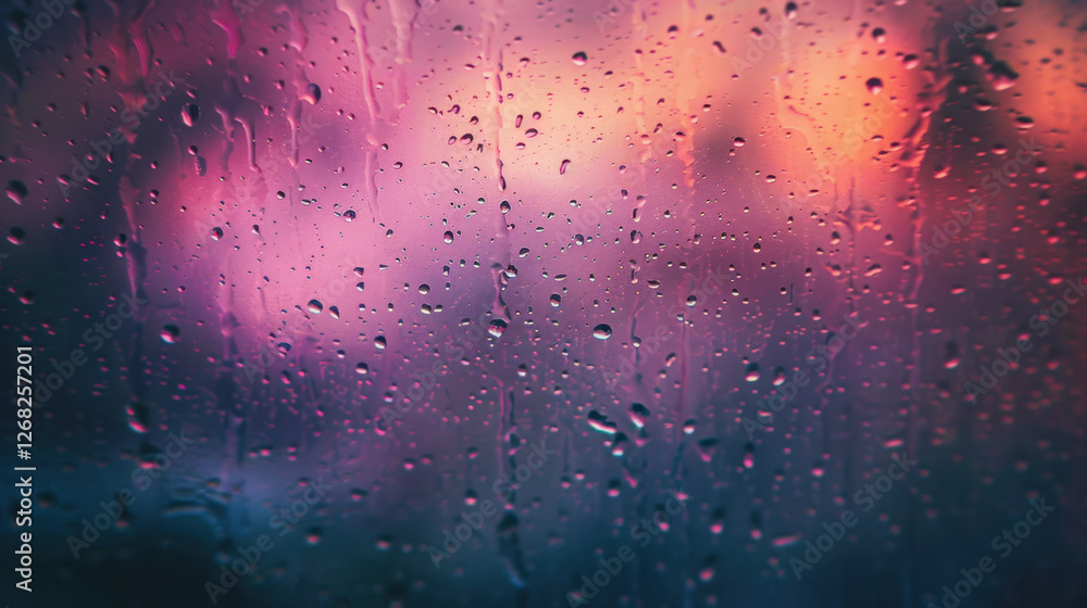 Poster close up view of raindrops on window, creating beautiful blend of colors in background. vibrant hues