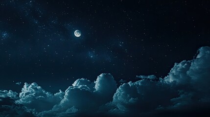 A crescent moon and a star-filled night sky with fluffy white clouds