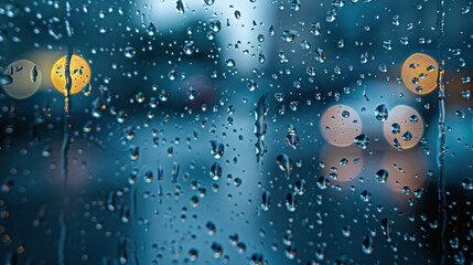 Naklejka premium Rain droplets on window create blurred view of city lights, evoking calm and reflective mood. soft bokeh effect enhances serene atmosphere