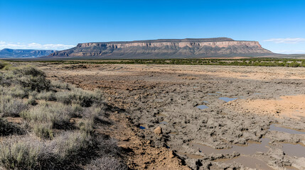 Mesa landscape, arid climate, dry riverbed,  desert vegetation,  background mountains, nature photography