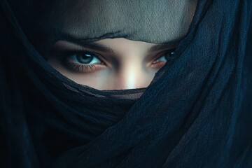 Naklejka premium Mysterious woman with a veil and only her eyes visible.