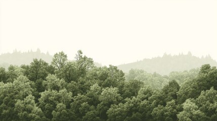 Obraz premium Serene forest landscape showcasing lush green trees under a soft, misty sky, evoking tranquility