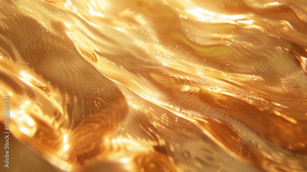 Poster golden liquid surface with shimmering reflections and flowing patterns, creating warm and inviting a