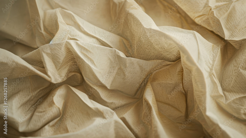 Aufkleber soft, wrinkled fabric in light beige color, creating textured appearance. gentle folds and creases a
