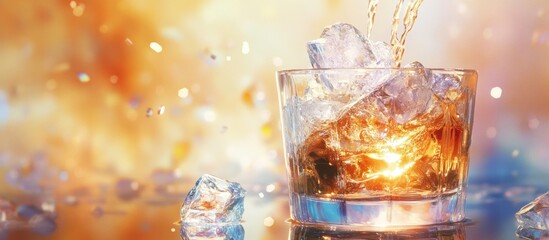 Amber liquid pouring into rocks glass with ice cubes against a sparkling background.