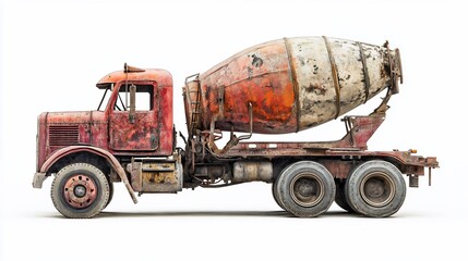 Vintage Cement Mixer Truck: Industrial Charm and Weathered Beauty on White