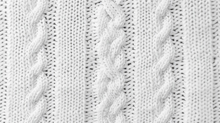 Cozy white knitted fabric with cable patterns, perfect for winter wear. texture adds warmth and style to any outfit, making it versatile choice for cold weather