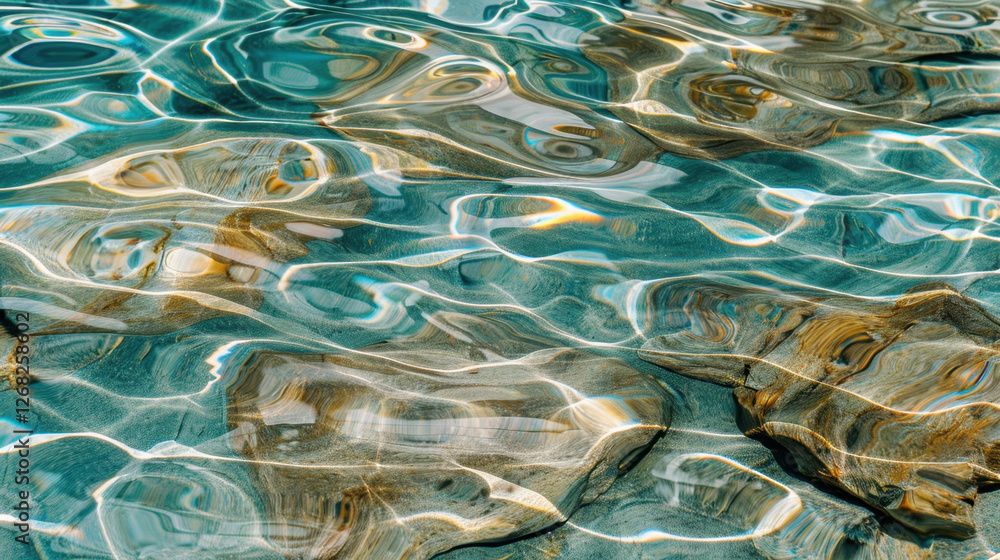 Poster serene water surface reflects light beautifully, creating mesmerizing pattern with stones beneath. t