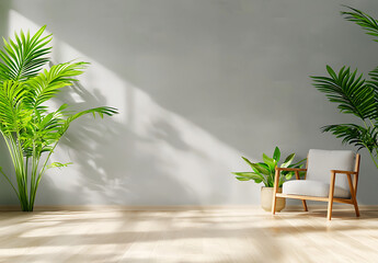 modern living room featuring gray wall, wooden floor, and lush green plants, creating serene atmosphere