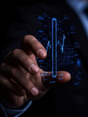 A hand interacts with digital graphs on a futuristic touchscreen interface.
