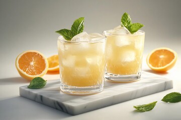 Fototapeta premium Refreshing citrus cocktail with ice cubes and fresh mint leaves, served in elegant glasses on a marble board, surrounded by juicy orange slices