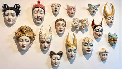 Colorful porcelain masks displayed on wall, artistic expression