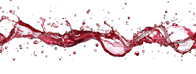 Red wine splash creates dynamic movement with droplets on white background, evoking sense of freshness and vibrancy