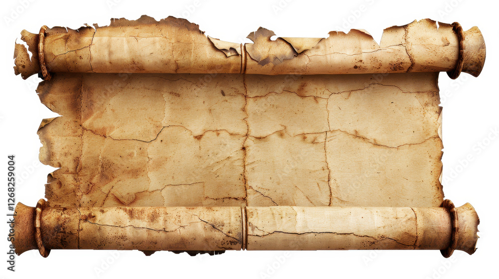 Poster ancient parchment scroll with weathered texture and rolled edges, perfect for historical documents o