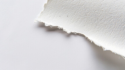 Torn white paper on smooth surface, showcasing texture and detail. subtle fibers and edges create artistic feel, perfect for creative projects