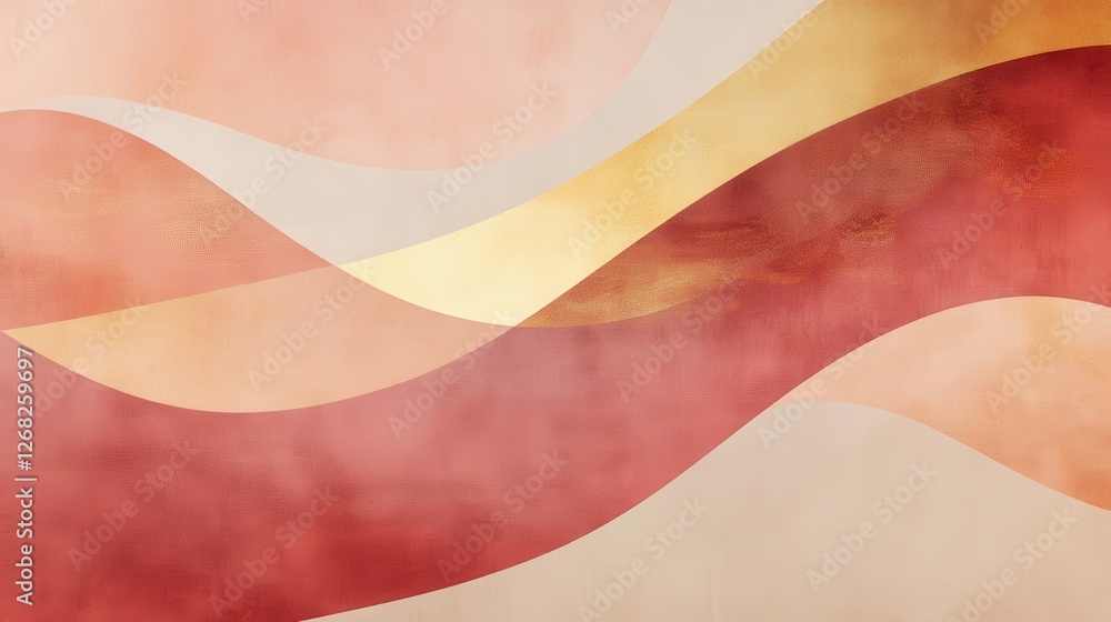 Poster a modern and minimalist abstract design with sweeping curves in deep rose, peach, and soft gold. the