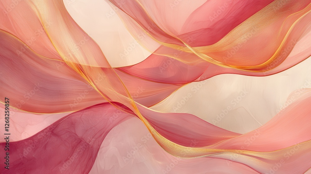 Poster a serene, abstract composition with sweeping curves in deep rose, peach, and gold. the smooth transi