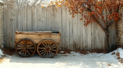 Obraz premium Rustic wooden cart, winter scene, fence, autumn leaves, historical setting