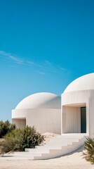 Obraz premium Desert dome houses, blue sky, steps, shrubs. Architectural design