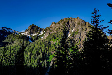 Pristine forests and the rugged mountain slopes found in Mt. Rainier National Park in Washington...