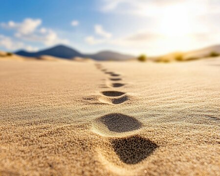 Desert footprints leading to mountains sunset