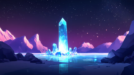 Naklejka premium A towering crystal spire rising from a frozen lake, surrounded by sparkling ice formations and glowing lights under a starry night sky. Illuminated Ice Spires. Illustration