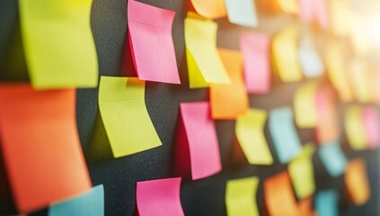 Colorful sticky notes brainstorming board, sunlight