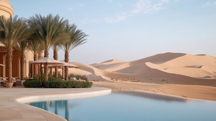Fototapeta premium Desert resort pool, sunrise dunes. Luxury travel brochure