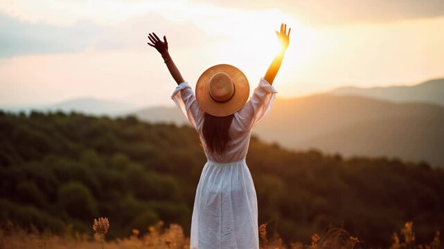 Backlit from behind calm happy free woman with open arms enjoying a beautiful moment life on the seashore at sunset	
