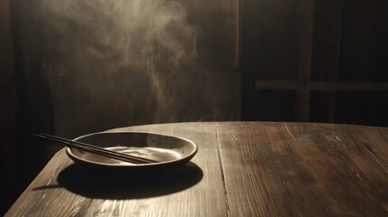Empty Plate and Chopsticks on a Rustic Wooden Table with Smoky Atmosphere