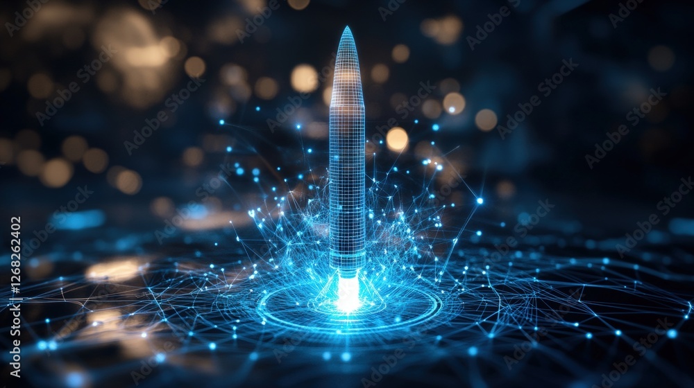 Poster futuristic skyscraper with digital wireframe missile model and connected lines representing technolo