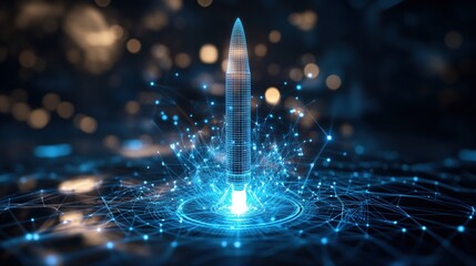 Futuristic skyscraper with digital wireframe missile model and connected lines representing technology innovation