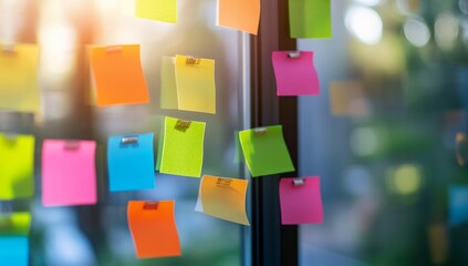 Colorful sticky notes on glass office window, brainstorming session