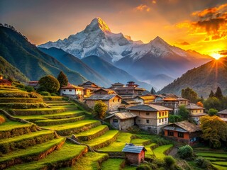 Panoramic Muri Village Annapurna Dhaulagiri