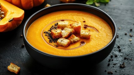 Classic pumpkin soup with a rich and creamy texture, topped with golden croutons, served in a bowl on a dark background. Elegant fall meal.